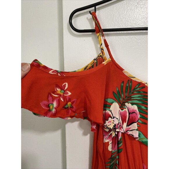 Old Navy Cold Shoulder Midi Dress Size L Orange Floral Print Ruffle Adjustable - Picture 5 of 12